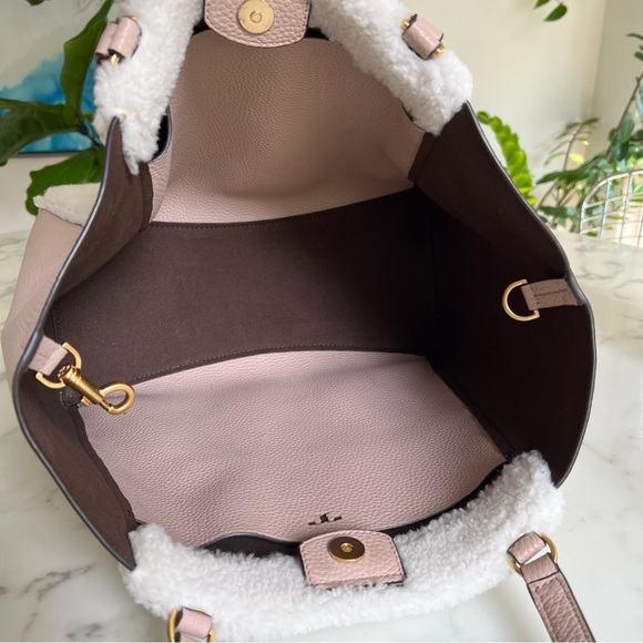 Tory Burch McGraw Shearling Fleece Fur & Leather Tote Bag Sand Beige Pink Ivory - Picture 13 of 16